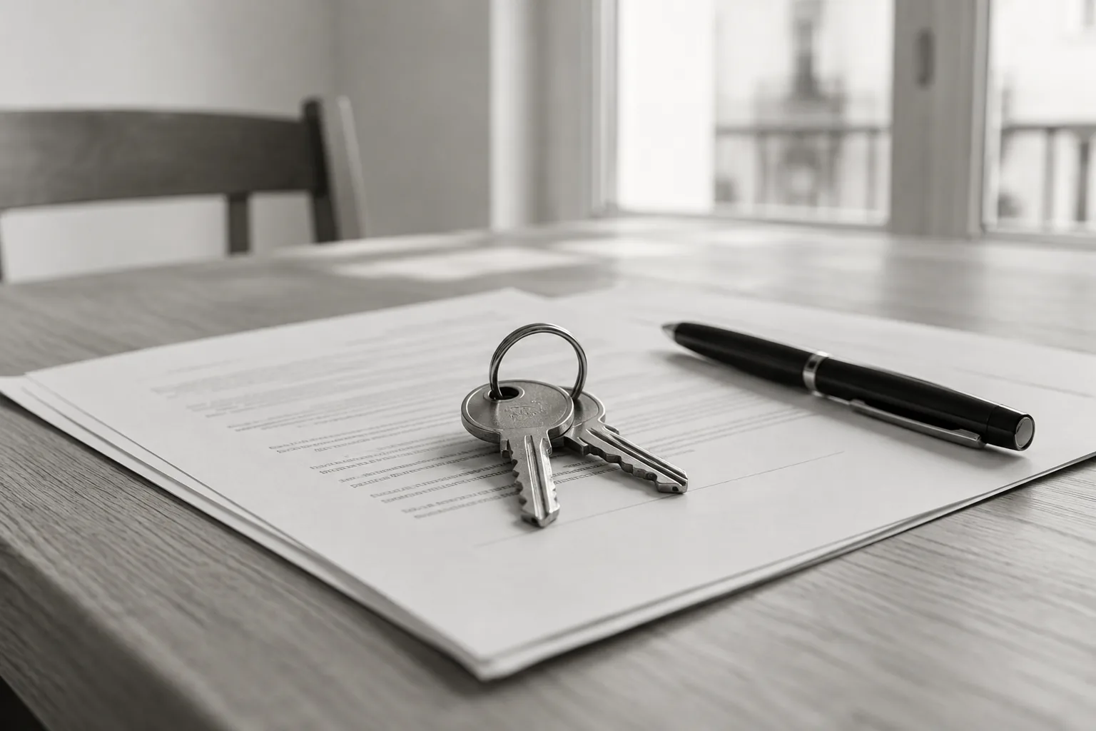 Llaves de una vivienda sobre un contrato junto a un bolígrafo, en blanco y negro