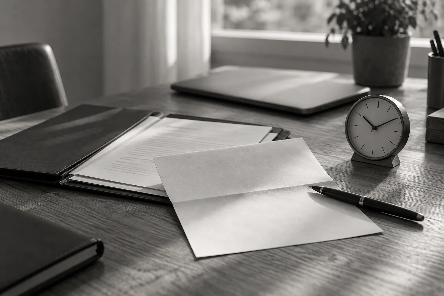 Documentación laboral, una carta y un reloj sobre una mesa de trabajo, en blanco y negro